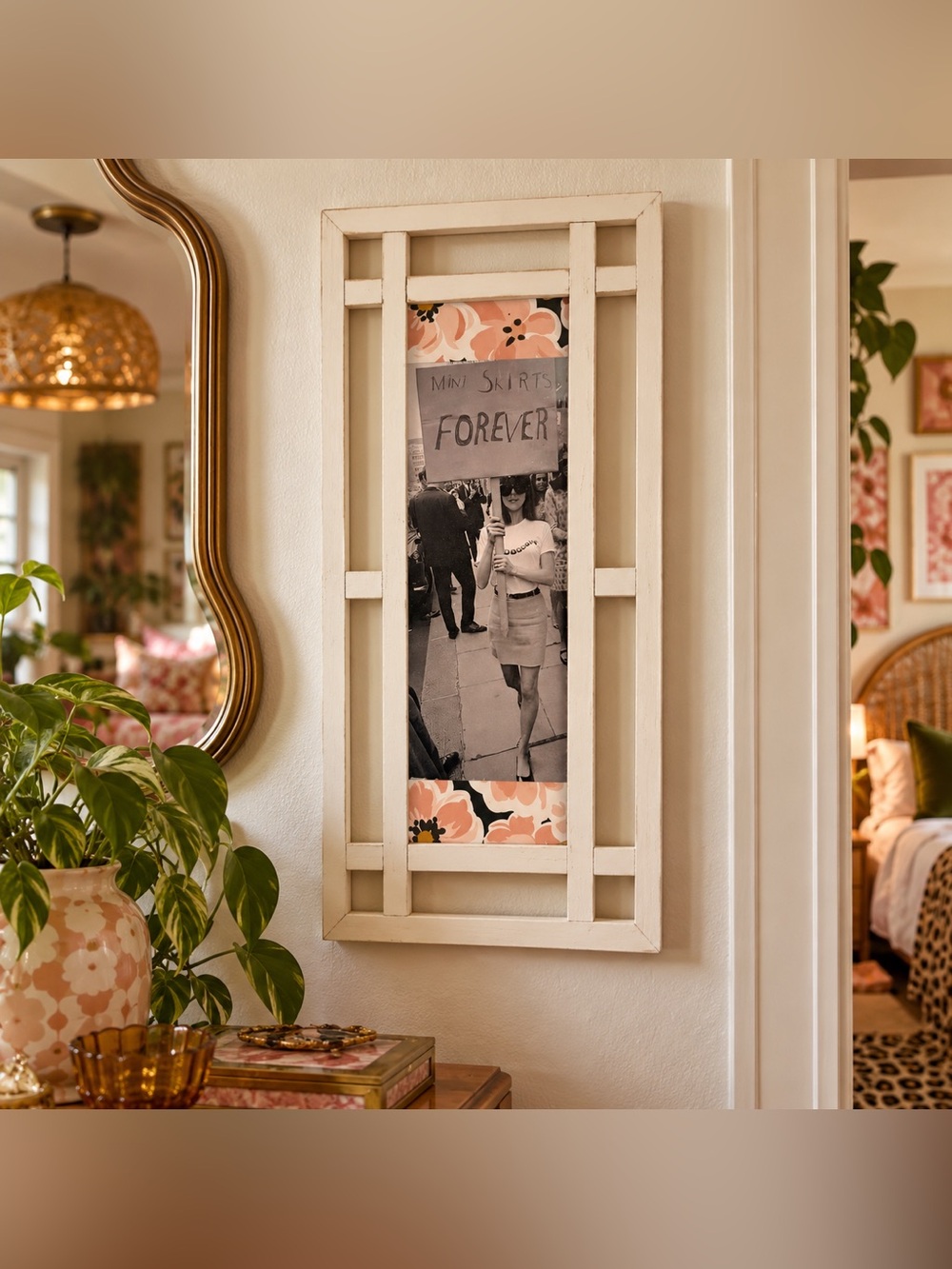 Retro “Mini Skirts Forever” Feminist Framed Wall Art Floral Vintage Style 10x20”